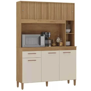 ARMÁRIO DE COZINHA CEARA 5 PORTAS 1 GAVETA ATUALLE COR CANELATO RÚSTICO 3D NATURA OFF WHITE