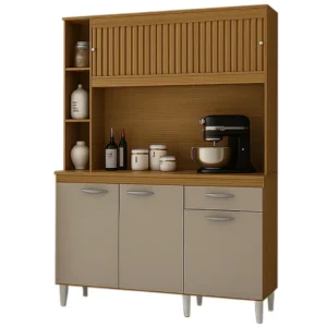 ARMÁRIO DE COZINHA DUDA 140CM 5 PORTAS 1 GAVETA POQUEMA COR DAMASCO OFF WHITE RIPADO 3D