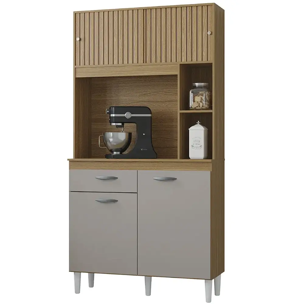 ARMÁRIO DE COZINHA DUDA 90CM 4 PORTAS 1 GAVETA POQUEMA COR DAMASCO OFF WHITE RIPADO 3D