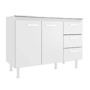 BALCÃO COZINHA COM TAMPO 2 PORTAS 3 GAVETAS EVIDENCIA MOVEIS COR BRANCO