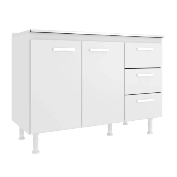 BALCÃO COZINHA COM TAMPO 2 PORTAS 3 GAVETAS EVIDENCIA MOVEIS COR BRANCO