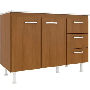 BALCÃO COZINHA COM TAMPO 2 PORTAS 3 GAVETAS EVIDENCIA MOVEIS COR MOGNO