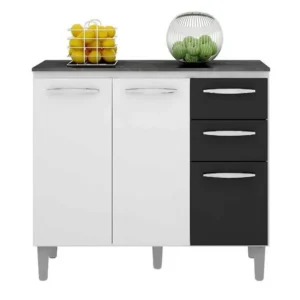 BALCÃO ISADORA 3 PORTAS 2 GAVETAS PARA COZINHA POQUEMA COR BRANCO COM PRETO