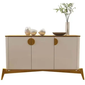 BUFFET BURITI COM 3 PORTAS E PÉS DE MADEIRA MACIÇA JB BECHARA COR OFF WHITE NATURE
