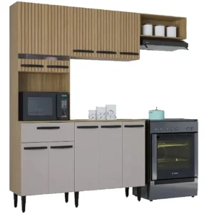 COZINHA DORA COMPLETA 4 PEÇAS 10 PORTAS 1 GAVETA POQUEMA COR DAMASCO CINZA RIPADO 3D