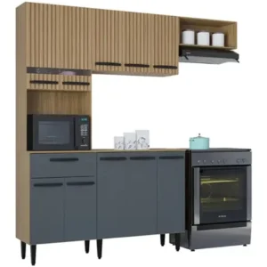 COZINHA DORA COMPLETA 4 PEÇAS 10 PORTAS 1 GAVETA POQUEMA COR DAMASCO OFF WHITE RIPADO 3D