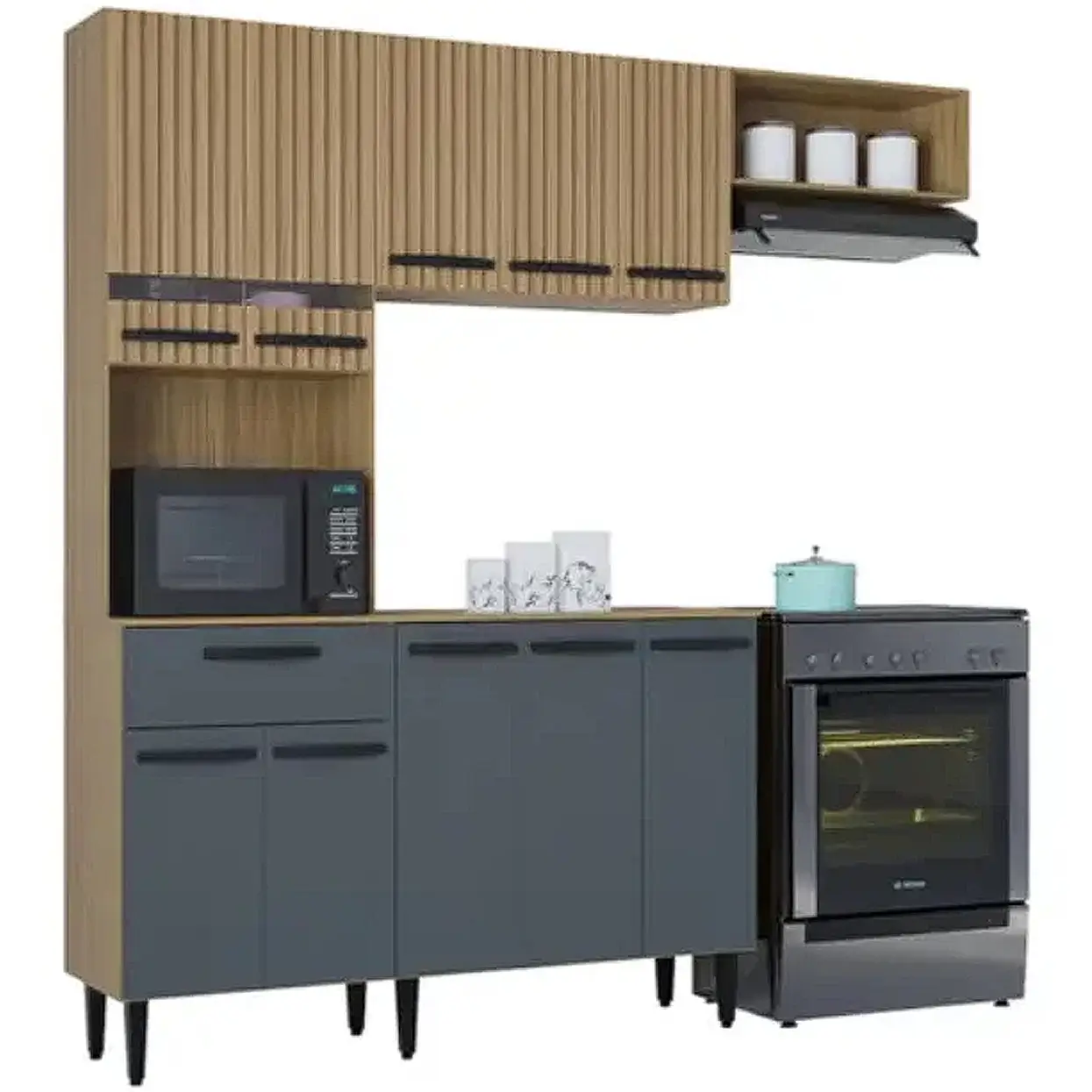 COZINHA DORA COMPLETA 4 PEÇAS 10 PORTAS 1 GAVETA POQUEMA COR DAMASCO OFF WHITE RIPADO 3D