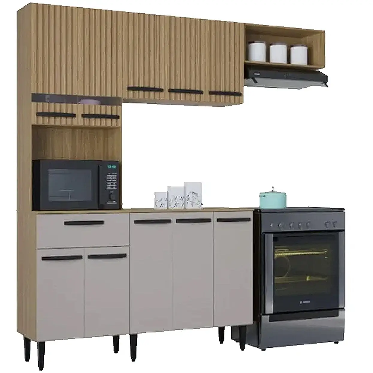 COZINHA DORA COMPLETA 4 PEÇAS 10 PORTAS 1 GAVETA POQUEMA COR DAMASCO CINZA RIPADO 3D