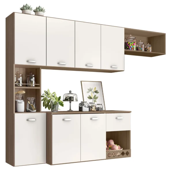COZINHA SUSPENSA MILA 7 PORTAS 1 GAVETA POLIMAN COR CARVALHO OFF WHITE