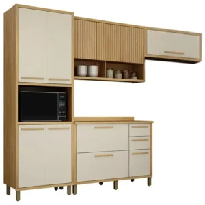 COZINHA TORINO COMPLETA 4 PEÇAS 11 PORTAS 2 GAVETAS VALDEMÓVEIS COR CINAMOMO OFF WHITE