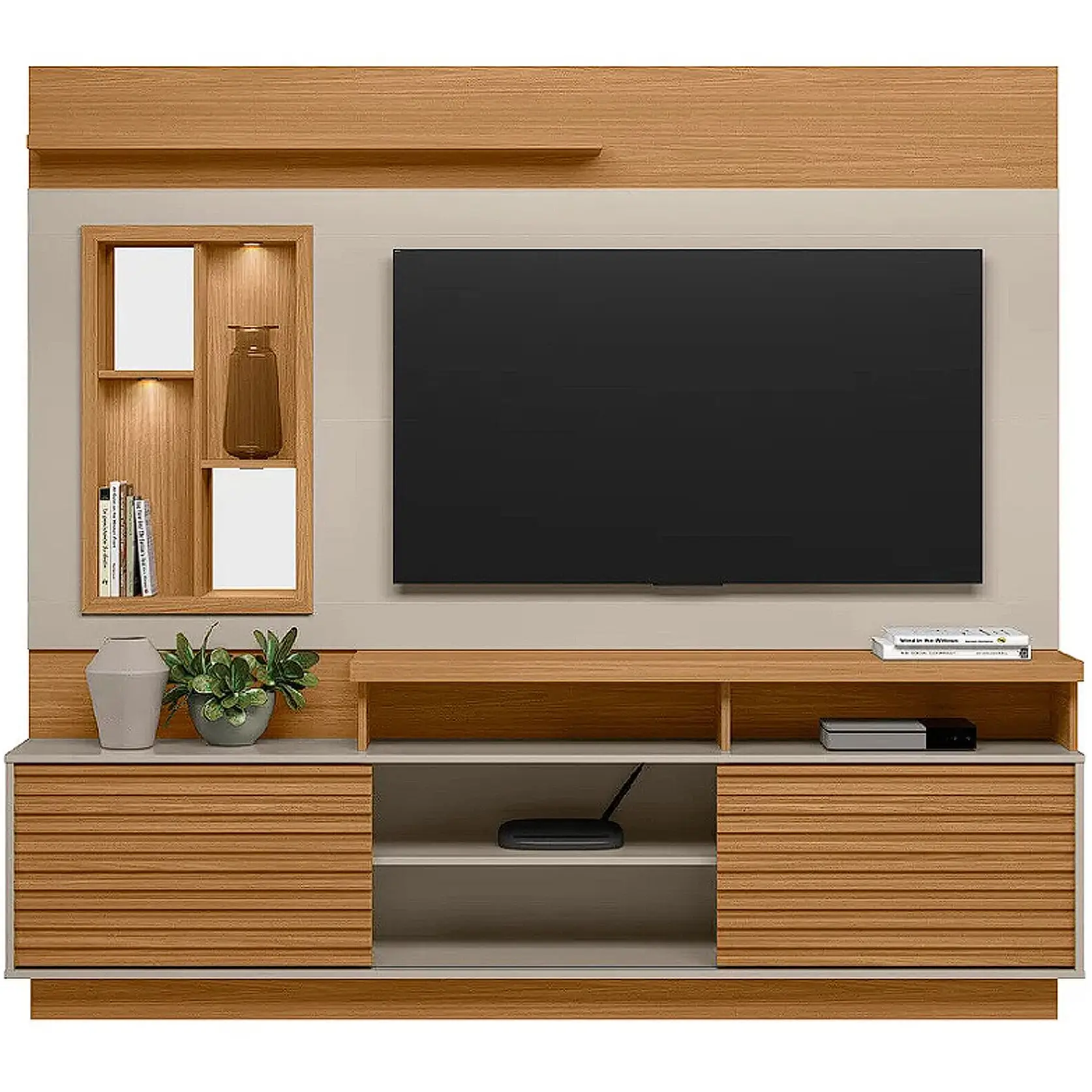 ESTANTE ELDORADO PARA TV ATÉ 60 POLEGADAS RIPADO COM LED 2 PORTAS LINEA COR NATURE OFF WHITE