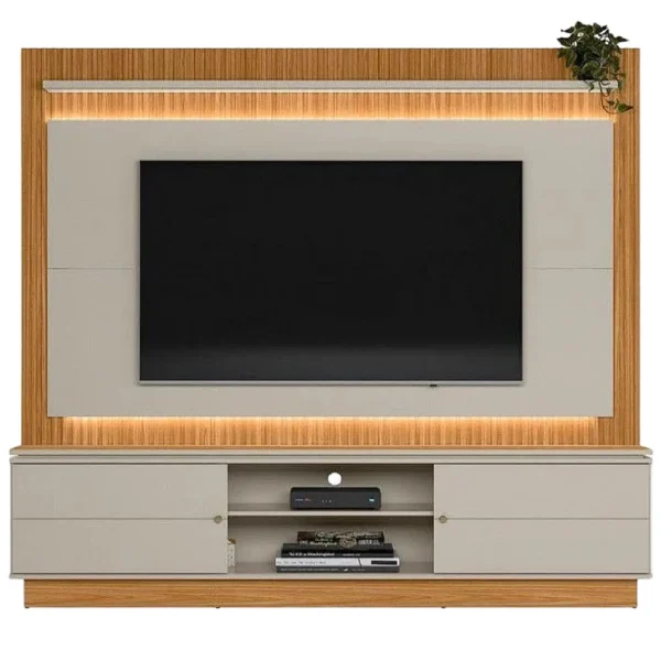 ESTANTE GUARARAPES PARA TV ATÉ 75 POLEGADAS RIPADO COM LED 2 PORTAS LINEA COR NATURE OFF WHITE