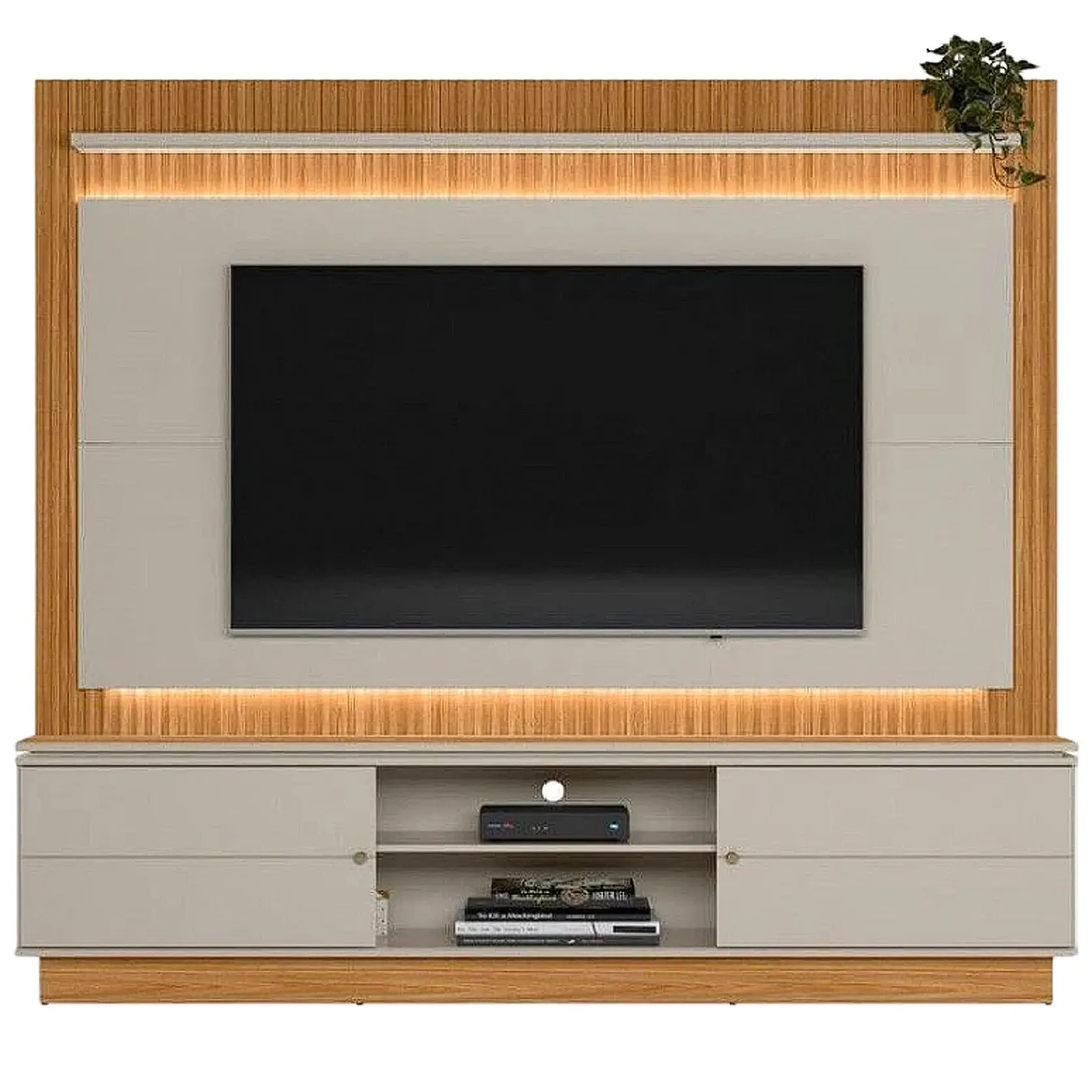 ESTANTE GUARARAPES PARA TV ATÉ 75 POLEGADAS RIPADO COM LED 2 PORTAS LINEA COR NATURE OFF WHITE