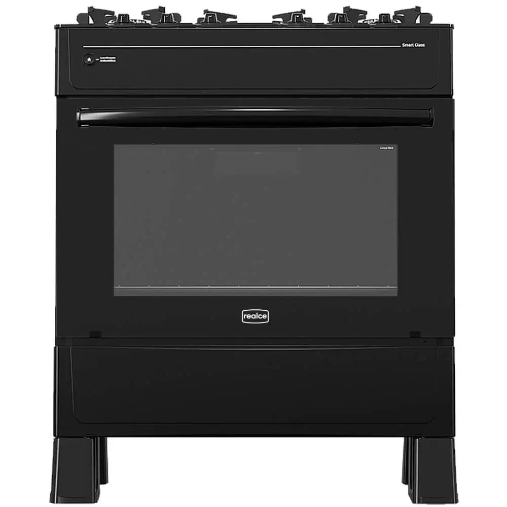 FOGÃO SMART GLASS 5 BOCAS AUTOMÁTICO FORNO 94L REALCE COR PRETO