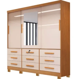 GUARDA ROUPA ATHENAS BIANCHI CASAL 3 PORTAS 9 GAVETAS COR NATURE OFF WHITE