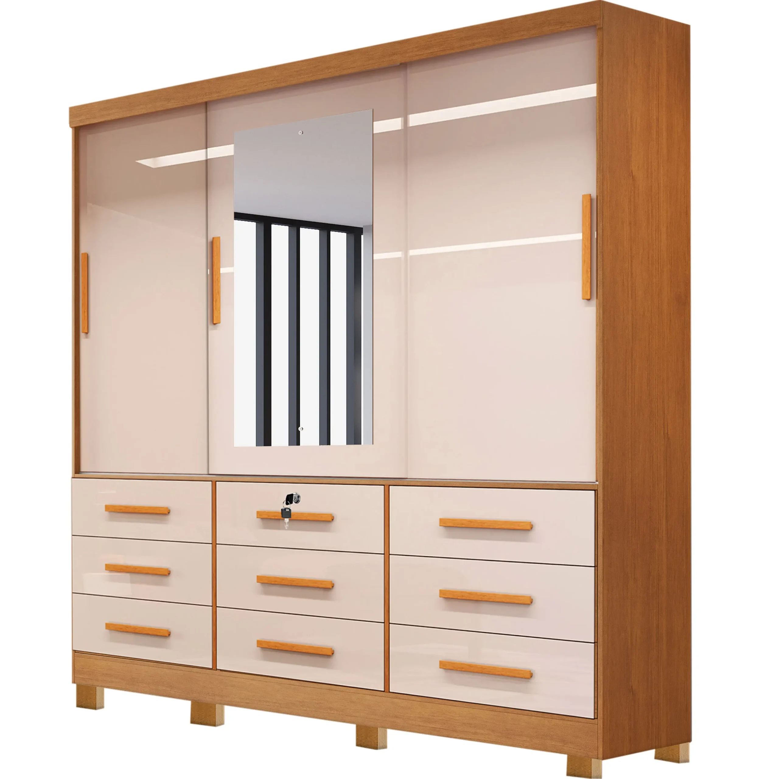 GUARDA ROUPA ATHENAS BIANCHI CASAL 3 PORTAS 9 GAVETAS COR NATURE OFF WHITE