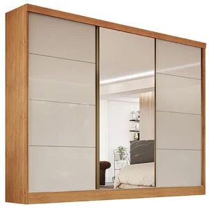 GUARDA ROUPA BERGAMO CASAL COM ESPELHO 3 PORTAS 6 GAVETAS BIANCHI COR NATURALE OFF WHITE