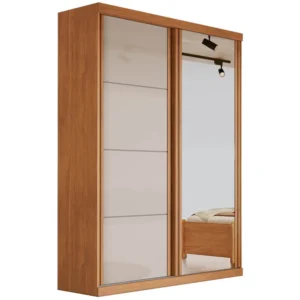 GUARDA ROUPA BUZIOS BIANCHI SOLTEIRO COM ESPELHO 2 PORTAS 2 GAVETAS COR NATURALE OFF WHITE