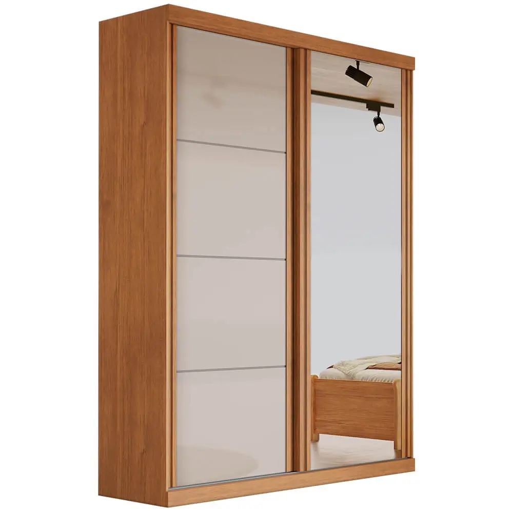 GUARDA ROUPA BUZIOS BIANCHI SOLTEIRO COM ESPELHO 2 PORTAS 2 GAVETAS COR NATURALE OFF WHITE