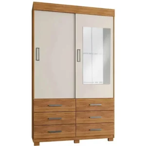 GUARDA ROUPA BUZIOS COM ESPELHO SOLTEIRO 2 PORTAS 6 GAVETAS RUD RACK COR CEDRO AREIA