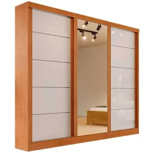 GUARDA ROUPA CAPRI CASAL 3 PORTAS DE CORRER COM ESPELHO BIANCHI COR NATURALE OFF WHITE