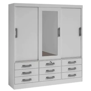 GUARDA ROUPA MERIDIAN 3 PORTAS 9 GAVETAS CASAL COM ESPELHO COR BRANCO