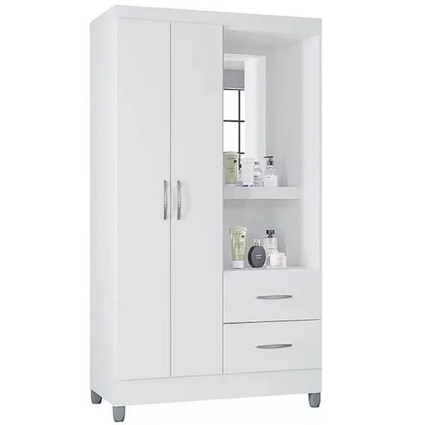 GUARDA ROUPA CORDOBA SOLTEIRO 2 PORTAS 2 GAVETAS COM ESPELHO POQUEMA COR BRANCO