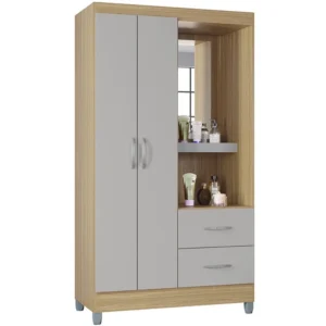 GUARDA ROUPA CORDOBA SOLTEIRO 2 PORTAS 2 GAVETAS COM ESPELHO POQUEMA COR DAMASCO OFF WHITE