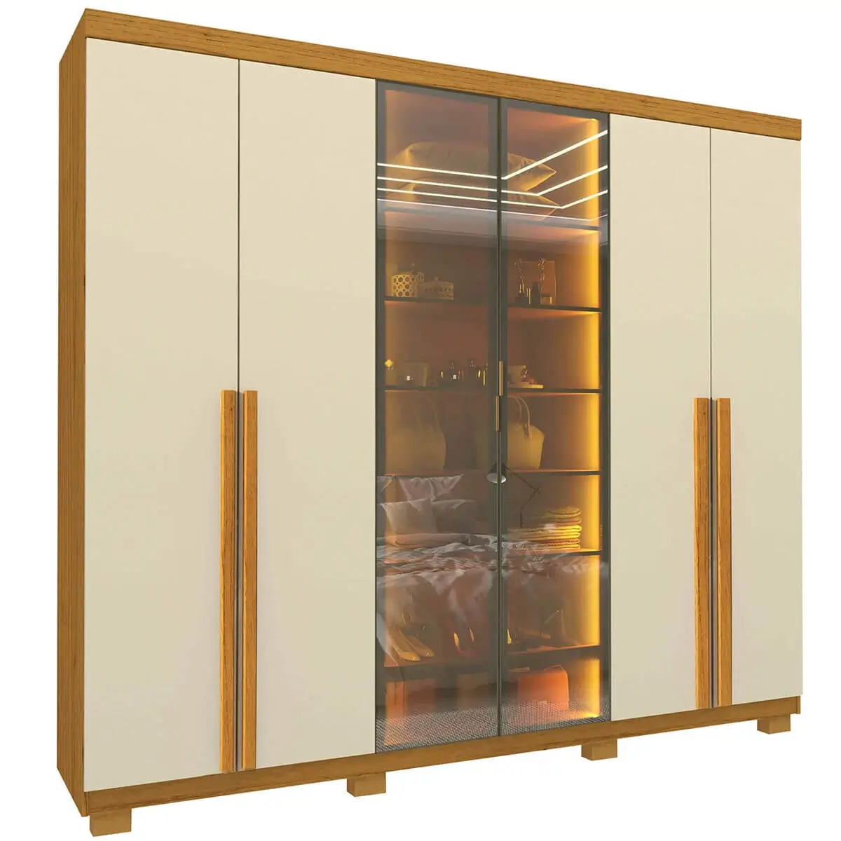 Guarda Roupa Imperatriz Casal 6 Portas 4 Gavetas com Vidro Reflecta e Led Gelius