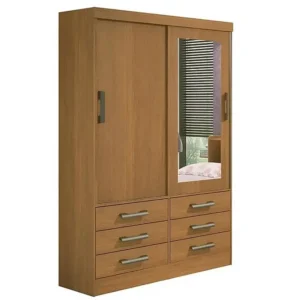 GUARDA ROUPA MERIDIAN 2 PORTAS 6 GAVETAS SOLTEIRO COM ESPELHO COR CINAMOMO