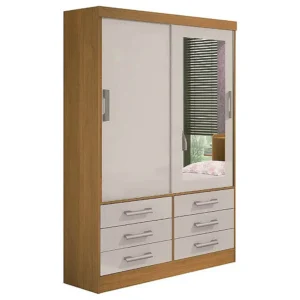 GUARDA ROUPA MERIDIAN 2 PORTAS 6 GAVETAS SOLTEIRO COM ESPELHO COR CINAMOMO OFF WHITE
