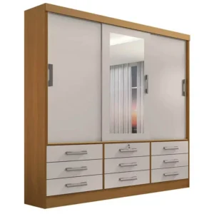 GUARDA ROUPA MERIDIAN 3 PORTAS 9 GAVETAS CASAL COM ESPELHO COR CINAMOMO OFF WHITE