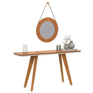 KIT APARADOR E ESPELHO DECORATIVO IBIZA REDONDO TEBARROT COR OFF WHITE NATURE