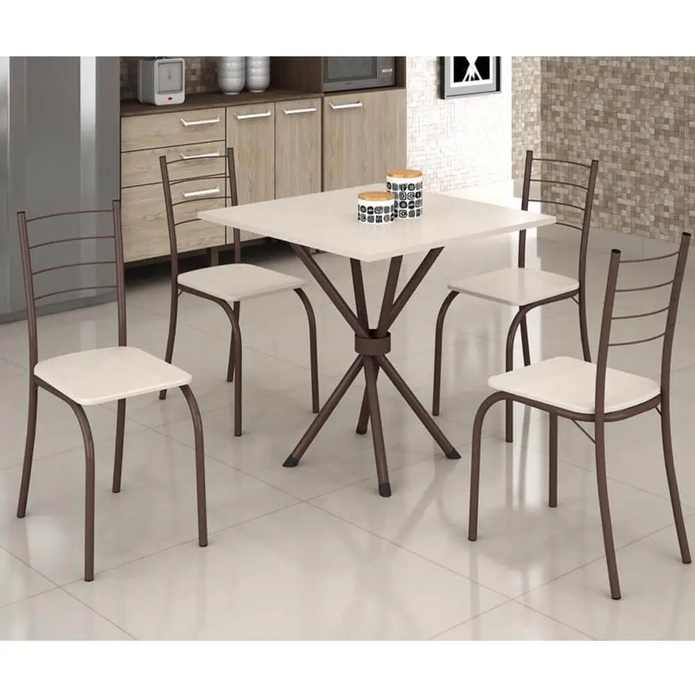 Mesa Rio Tampo Granito 75x75cm Off White com 4 Cadeiras Tubular Marrom Teixeira - Imagem 4
