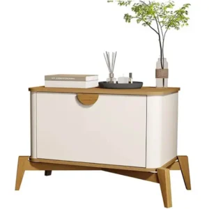 MESA DE CABECEIRA BURITI COM 1 PORTA E PÉS DE MADEIRA MACIÇA JB BECHARA COR OFF WHITE NATURE