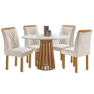 MESA DE JANTAR BERLIM REDONDA COM 4 CADEIRAS CEL MÓVEIS COR CINAMOMO OFF WHITE COM TECIDO BEGE