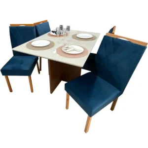 Mesa de Jantar Helo 120x90cm em Veludo com 4 Cadeiras California Poliman