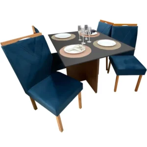 Mesa de Jantar Helo 90x90cm em Veludo com 4 Cadeiras California Poliman