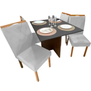 Mesa de Jantar Helo 90x90cm em Linho com 4 Cadeiras California Poliman