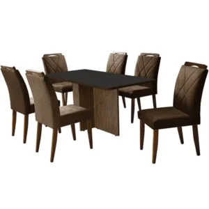 Mesa de Jantar Los Angeles 160x80cm em Veludo com 6 Cadeiras California Minas Plac