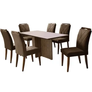 Mesa de Jantar Los Angeles 160x80cm em Veludo com 6 Cadeiras California Minas Plac