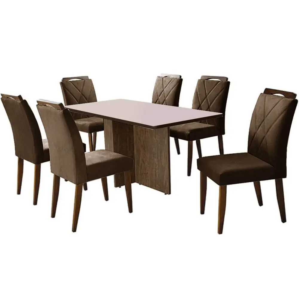 Mesa de Jantar Los Angeles 160x80cm em Veludo com 6 Cadeiras California Minas Plac
