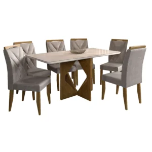 MESA DE JANTAR MADRID 160X80CM COM 6 CADEIRAS CALIFÓRNIA MINAS PLAC COR CINAMOMO OFF WHITE