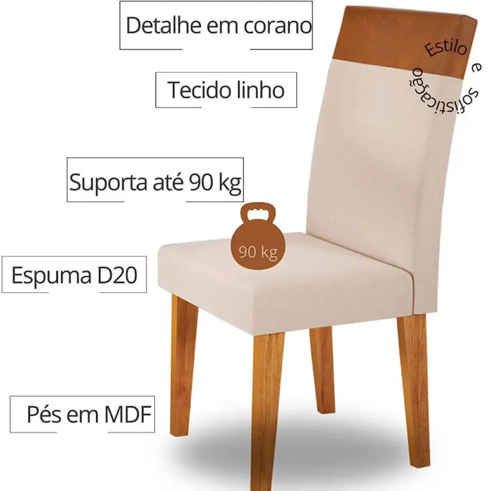 Mesa de Jantar Viena 160x80cm com 6 Cadeiras Turim Tecido Linho Viero - Imagem 3