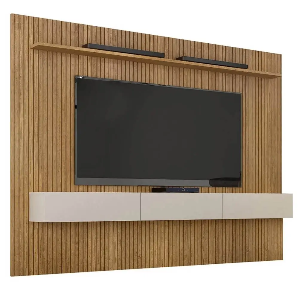 PAINEL CURITIBA COM NICHO 224CM PARA TV ATÉ 75 POLEGADAS VALDEMOVEIS COR CINAMOMO OFF WHITE