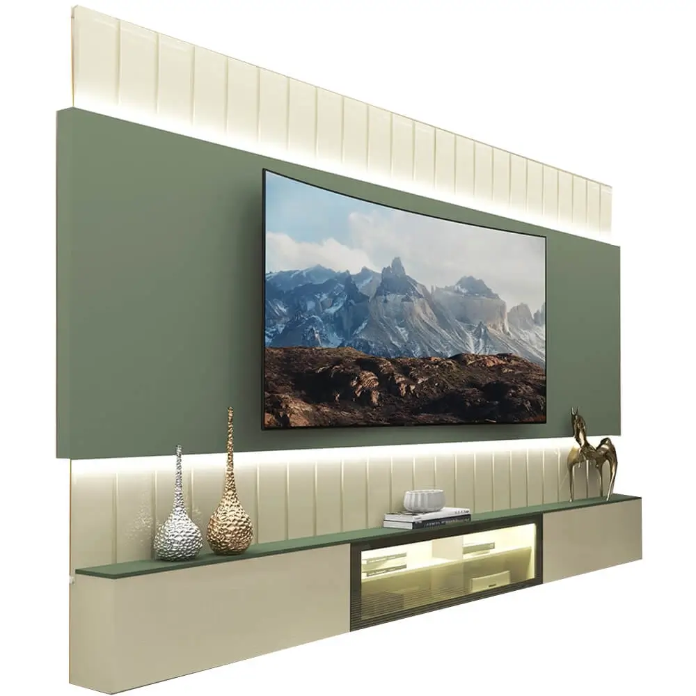 PAINEL SOBERANO PARA TV ATÉ 85 POLEGADAS RIPADO COM LED E VIDRO REFLECTA GELIUS COR OFF WHITE VERDE FLORESTA