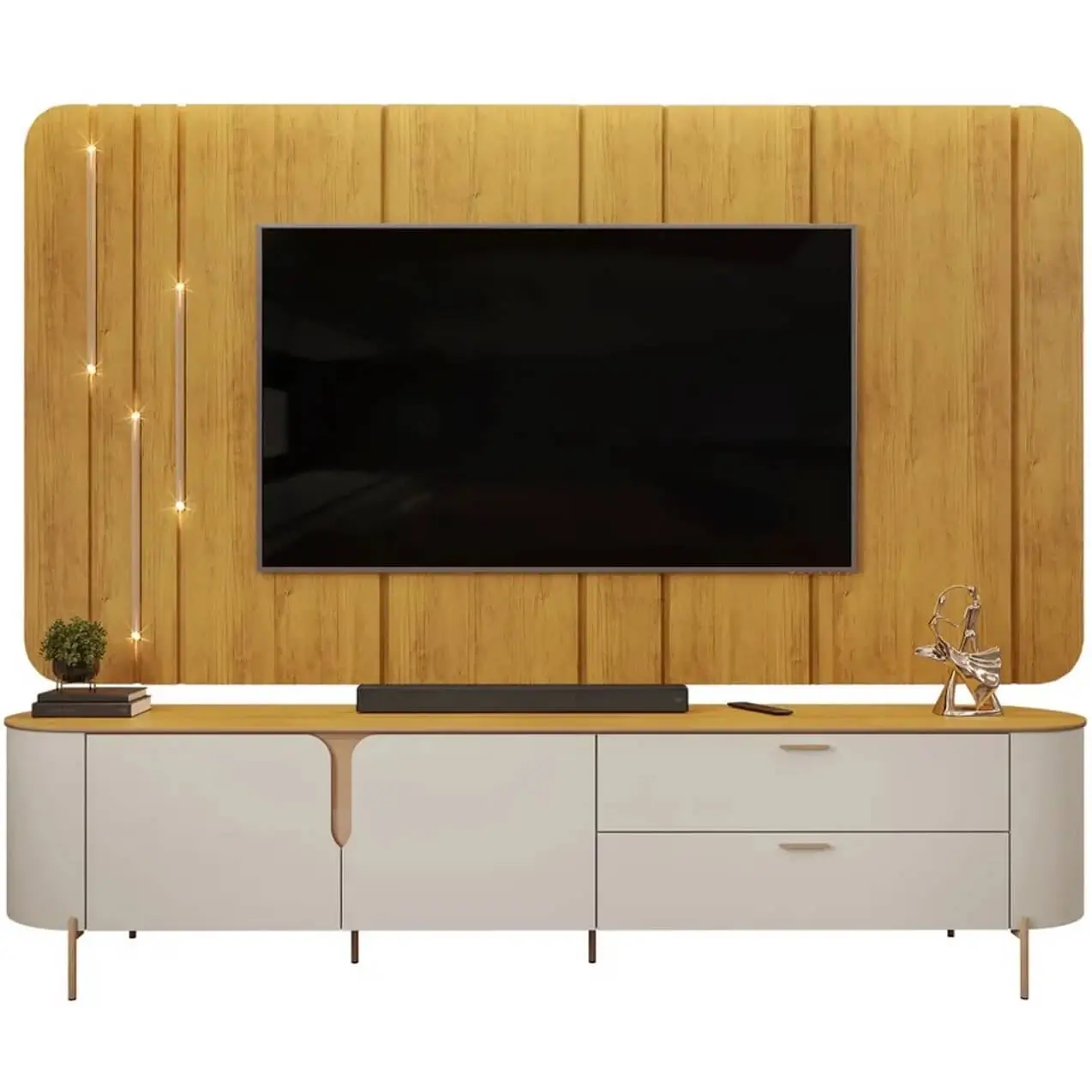 RACK CELINE COM PAINEL CELINE PARA TV ATÉ 75 POLEGADAS COM LED 2 PORTAS 2 GAVETAS DJ COR BALI CEDRO
