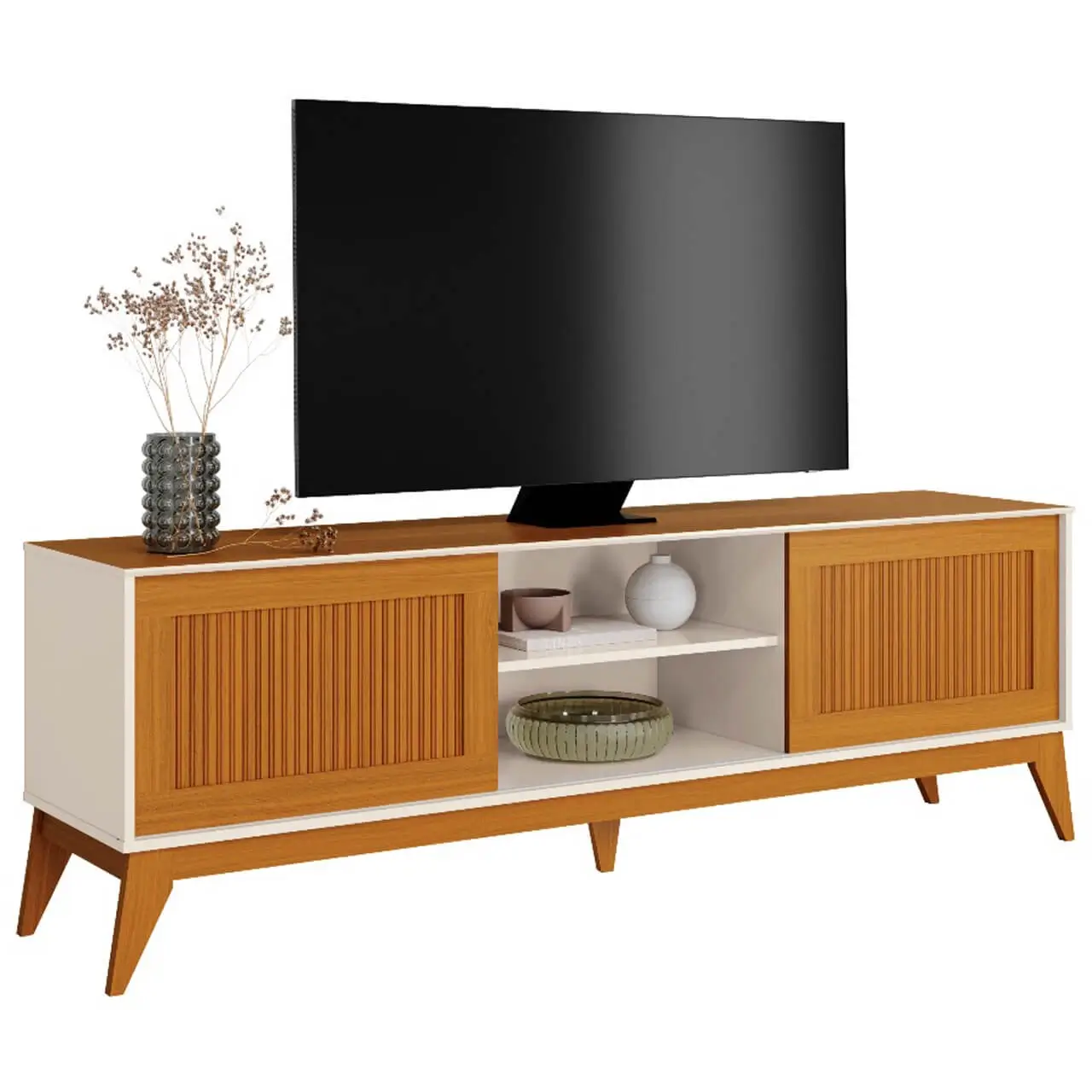 RACK KING PARA TV ATÉ 65 POLEGADAS 2 PORTAS RIPADO EM IMPRESSÃO 3D EDN COR CEDRO OFF WHITE