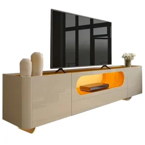 RACK NOBRE COM PÉS DE VIDRO PARA TV ATÉ 85 POLEGADAS 2 PORTAS 1 GAVETA COM LED GELIUS COR OFF WHITE NATURE