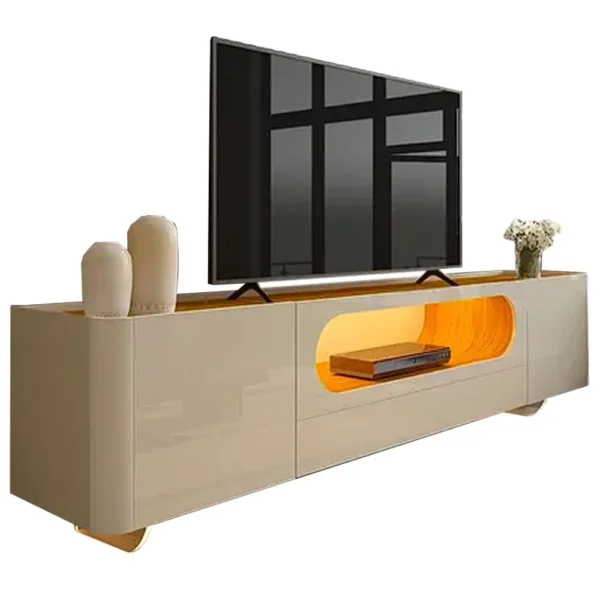 RACK NOBRE COM PÉS DE VIDRO PARA TV ATÉ 85 POLEGADAS 2 PORTAS 1 GAVETA COM LED GELIUS COR OFF WHITE NATURE